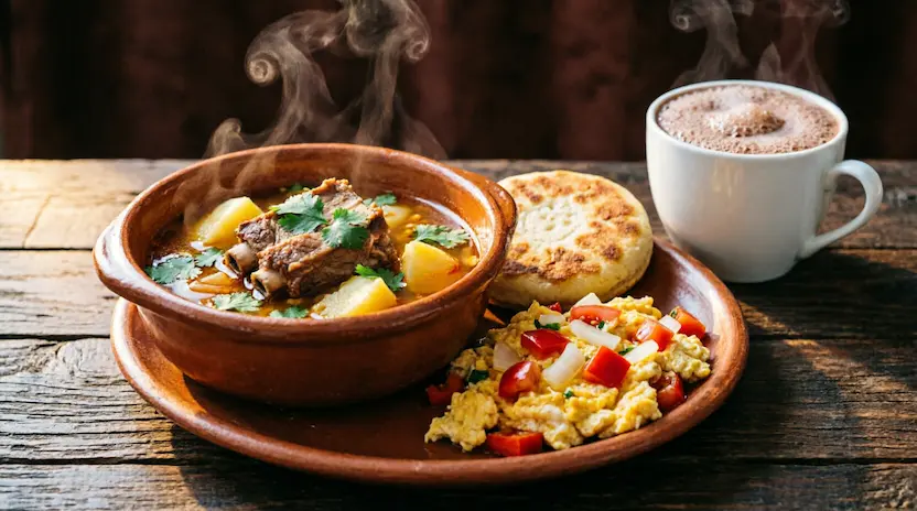 Desayuno colombiano: caldito de costilla, huevos y chocolate